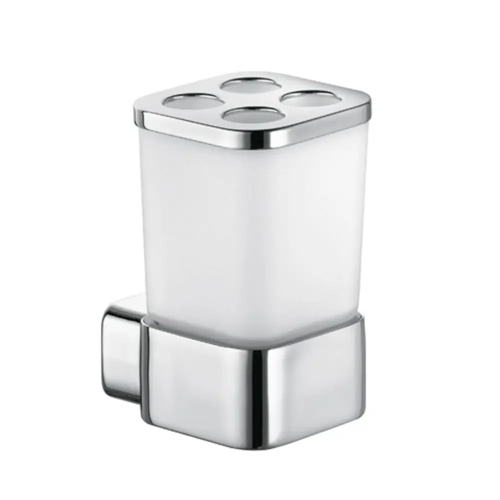Glashalter in quadratischer Form mit chromfarbener Halterung und Multifunktionsaufsatz, geeignet für Badezimmeranwendungen, Marke Kludi.